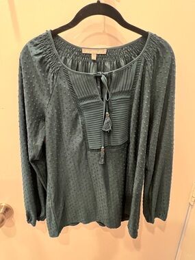 Daniel Rainn Teal Textured Peasant Blouse with Tassel Details